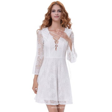 Kate Kasin Sexy Womens Lace Up Mangas De V-Neck Bell Sleeves Ivory Lace Dress KK000639-1